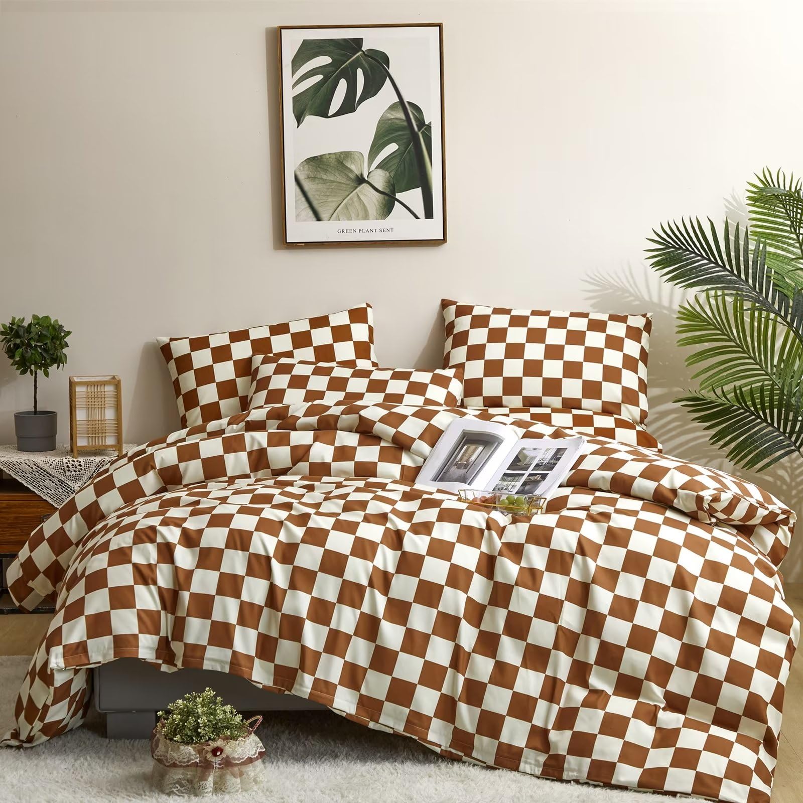 Houseri Brown And White Plaid Comforter Set Full Caramel Brown Grid Bedding Comforter Full Size Teen Boys Checkerboard Comforter